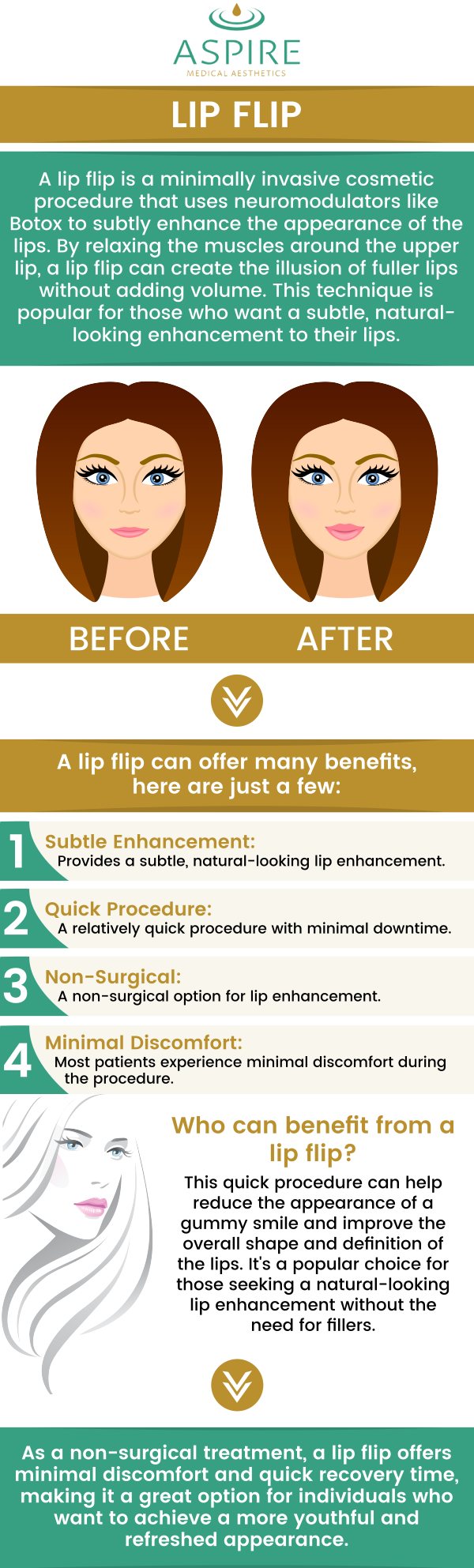 Enhance your smile with a lip flip. This minimally invasive procedure can give your lips a fuller, more youthful appearance without the need for fillers. At Aspire Medical Aesthetics, Eugene J. LIU, M.D., and the team can create a natural-looking enhancement tailored to your individual goals. Enjoy the benefits of a quick, comfortable, and temporary treatment that can help reduce fine lines around the mouth. For more information, contact us or schedule an appointment online. We have convenient locations to serve you in Scarsdale NY, and New York, NY. Enhance your smile with a lip flip. This minimally invasive procedure can give your lips a fuller, more youthful appearance without the need for fillers. At Aspire Medical Aesthetics, Eugene J. LIU, M.D., and the team can create a natural-looking enhancement tailored to your individual goals. Enjoy the benefits of a quick, comfortable, and temporary treatment that can help reduce fine lines around the mouth. For more information, contact us or schedule an appointment online. We have convenient locations to serve you in Scarsdale NY, and New York, NY.